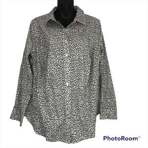 TALBOTS No Iron gray black white leopard print long sleeve button down size 14W